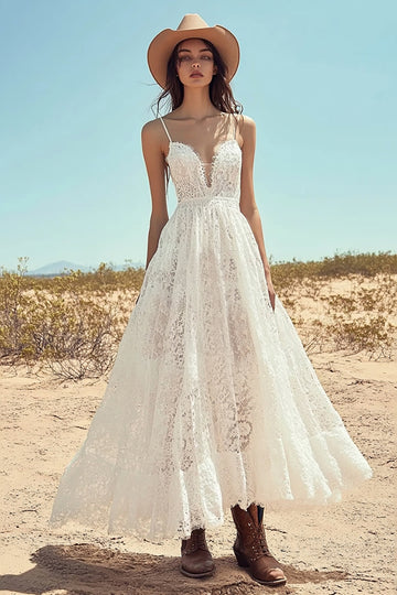 Ivory Lace A Line Spaghetti Straps Long Engagement Dress